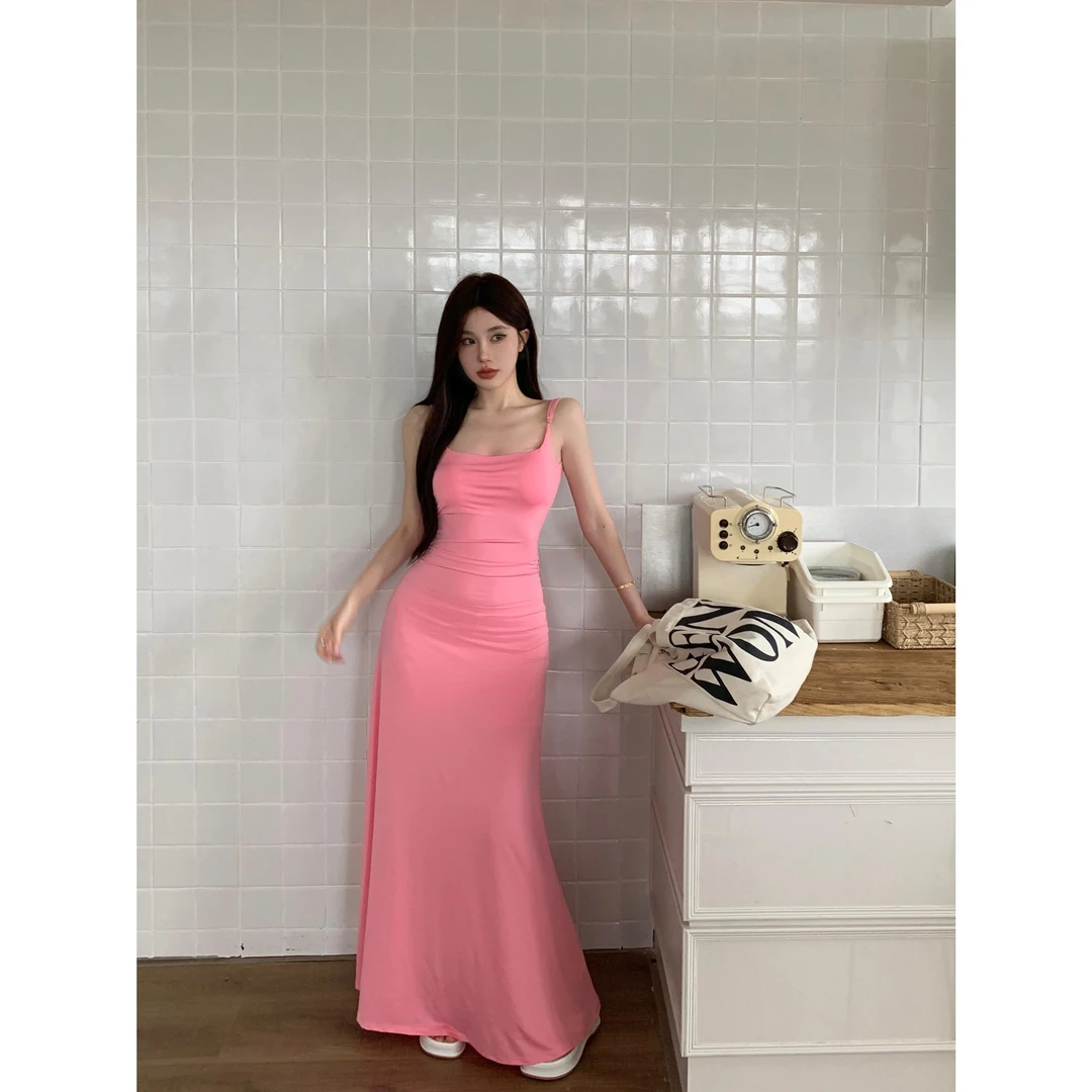 实拍实价 辣妹修身高腰显瘦露背镂空交叉绑吊带裙