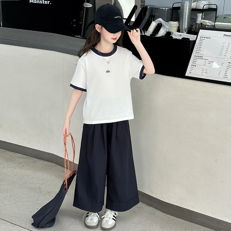 女童夏装套装2025新款洋气6-12岁15中大童夏季短袖女孩薄款阔腿裤