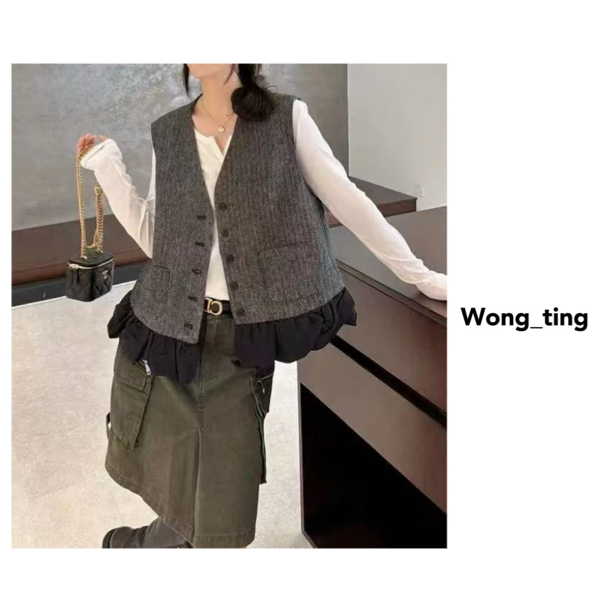 【wong_ting】小众设计师法式常规宽松气质休闲拼接复古马夹90111