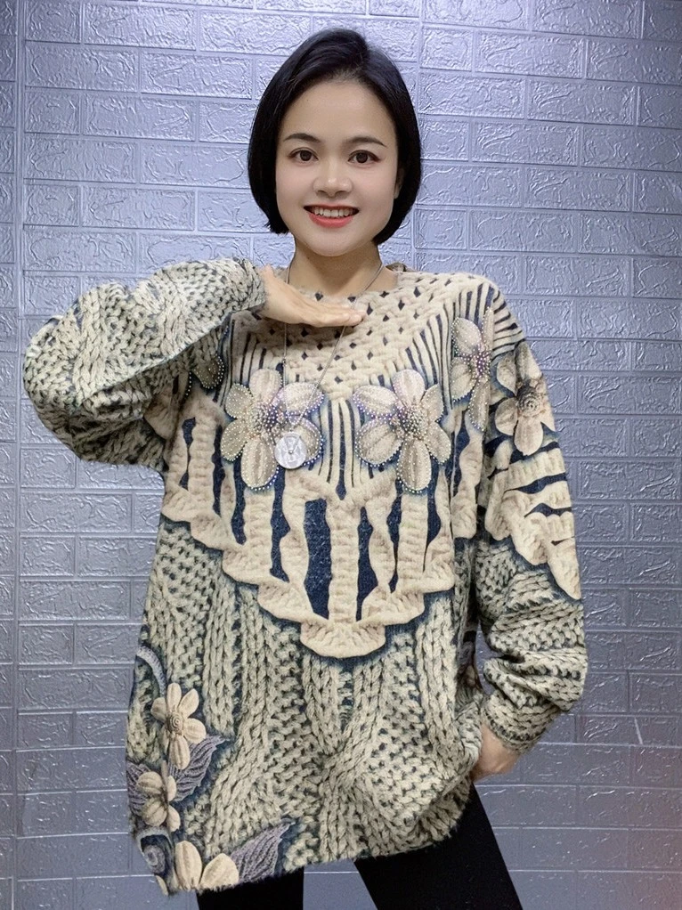 A001-C099重工镶钻貂绒女上衣高档百搭印花圆领针织休闲长袖毛衣