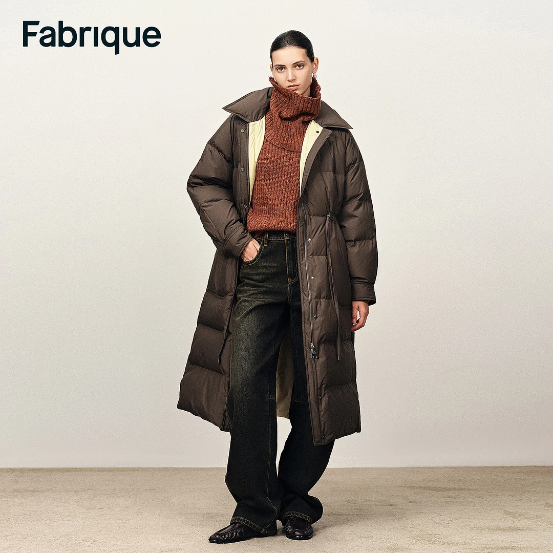 Fabrique Elsa 秋冬新品摩卡棕防泼水撞色内衬白鸭绒长款羽绒服