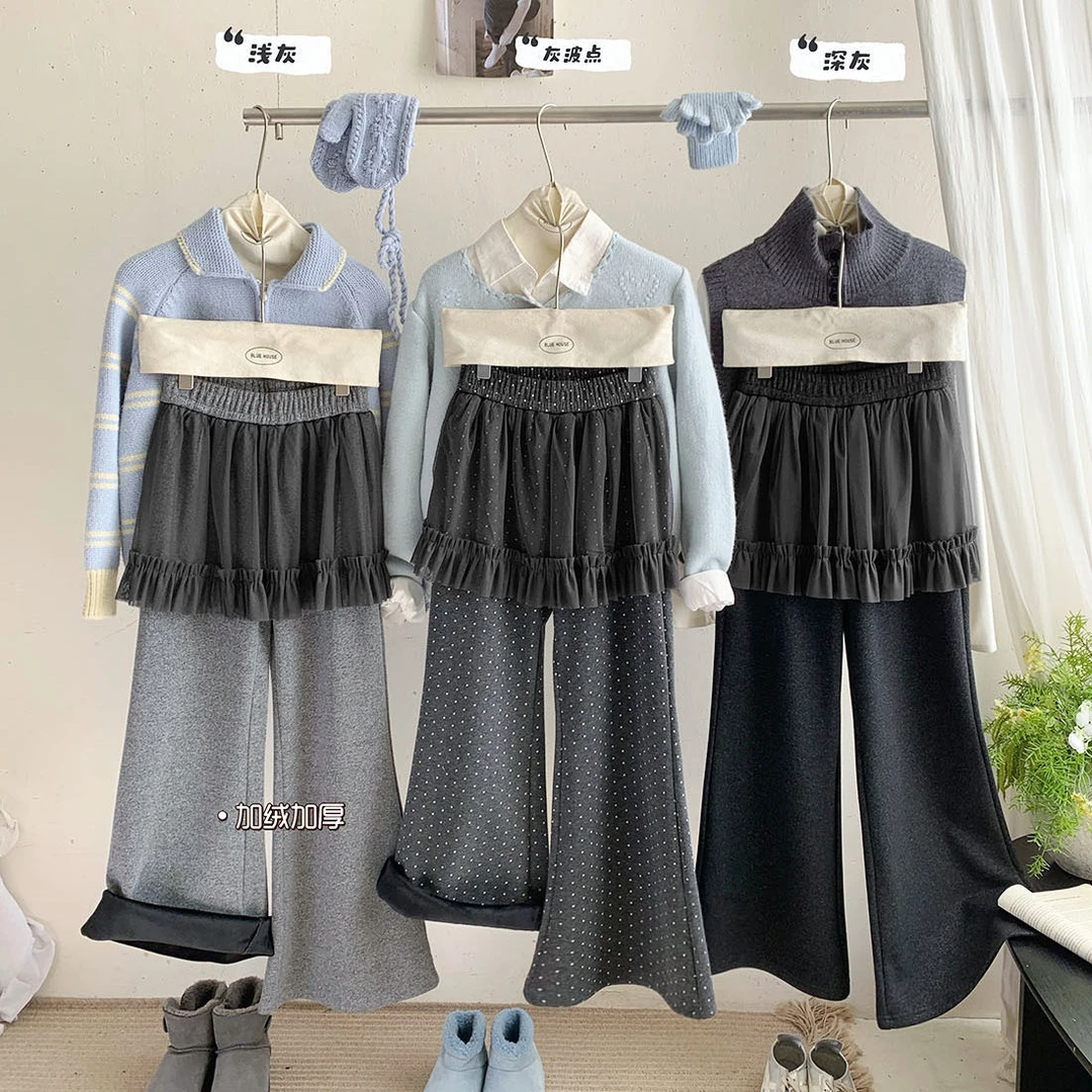 韩国超爆网纱屁帘假两件加绒微喇裤女冬温暖过冬显瘦腿精休闲长裤