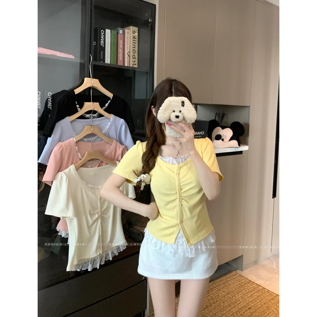 2025秋季大码胖mm韩系穿搭蕾丝假两件短袖打底衫T恤上衣女