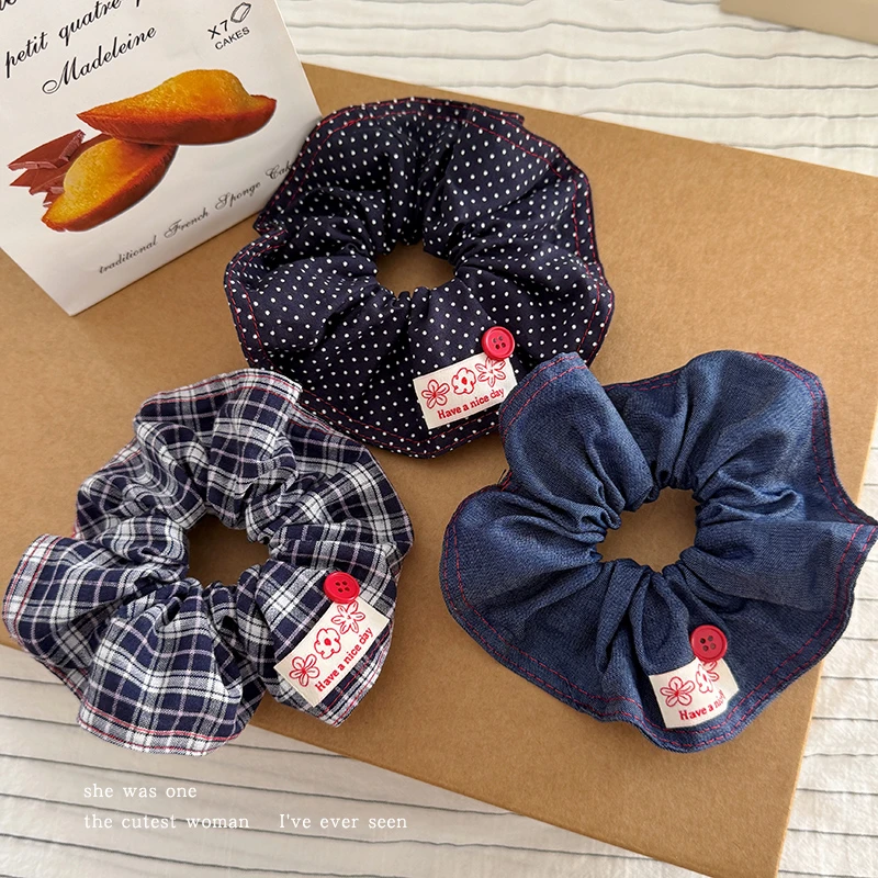 气质蓝色纽扣大肠发圈女2025新款低马尾发绳头绳洗脸绑发头饰头饰