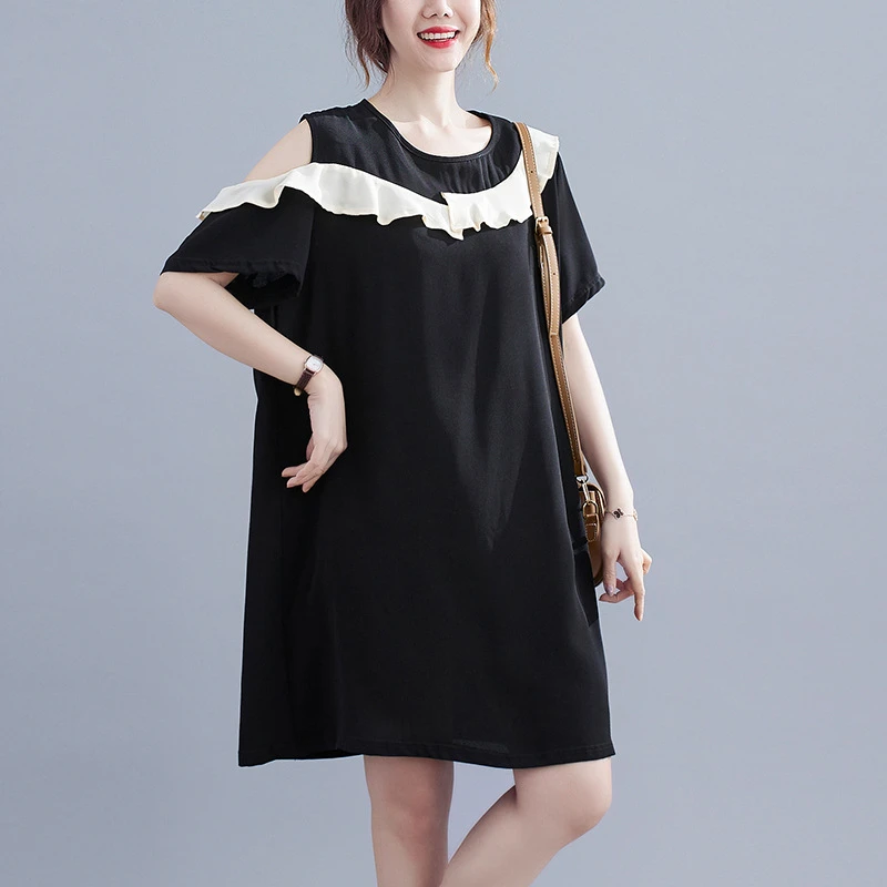 ZZ2236大码胖MM韩版夏季新款宽松显廋露肩连衣裙