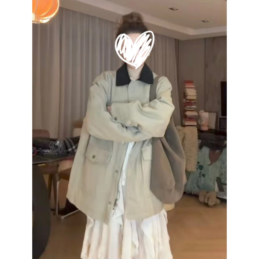 aurora@3932 韩系巴恩风百搭拼接翻领夹棉外套（衣长78左右）10-12