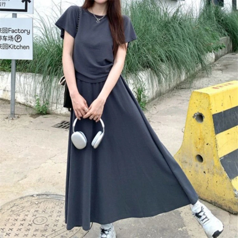 大码微胖mm遮肚藏肉夏装搭配一整套显瘦漏腰上衣半身长裙两件套装