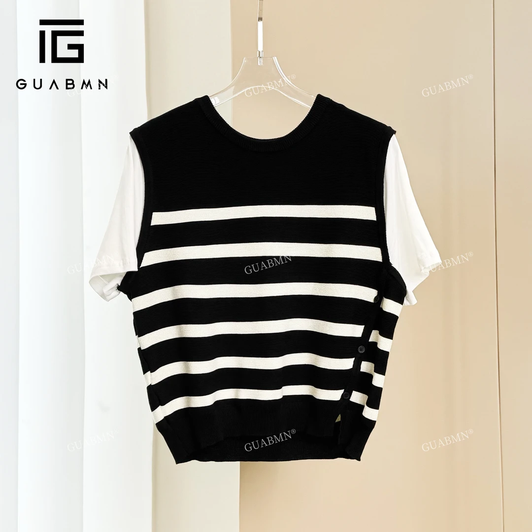 GUABMN2025夏季新款时尚休闲撞色条纹短袖假两件针织衫3979