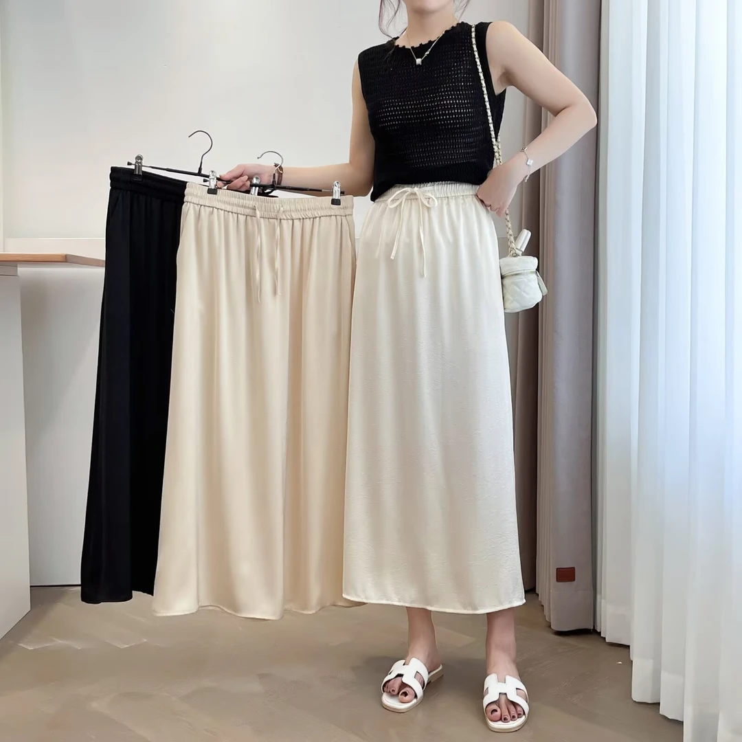 8699大码夏季薄款高腰显瘦醋酸缎面垂感开叉中长半身裙HM