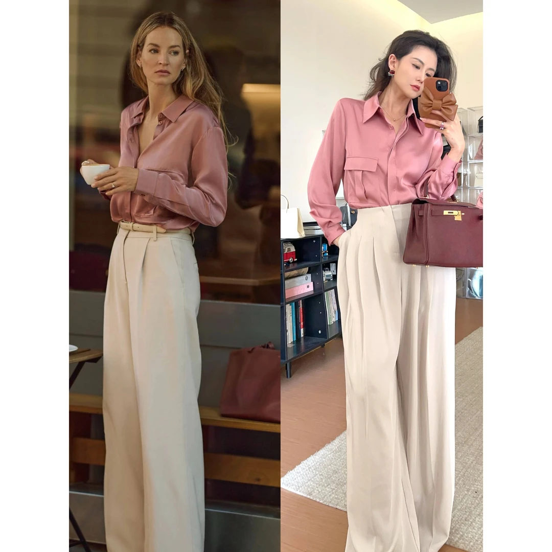 【布拉格恋人】春季设计师款单面口袋宽松廓形粉色长袖衬衫女