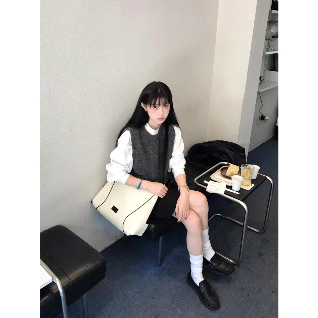 MARIE.COCO韩系通勤高智感穿搭灰色针织马甲叠穿上衣半身裙三件套