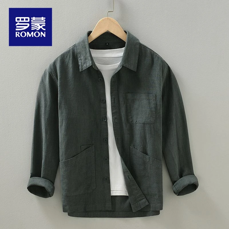 罗蒙男士苎麻长袖衬衫秋冬季2025新款休闲翻领衬衣夹克薄款外套