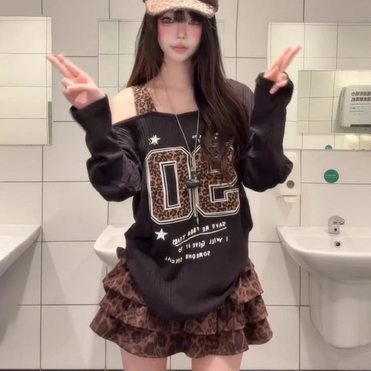 早秋新款豹纹半裙字母露肩长袖女美式辣妹斜肩宽松显瘦设计感上衣