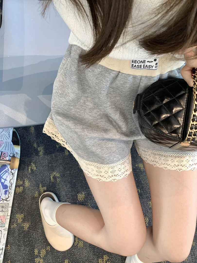 百搭休闲裤蕾丝花边短裤夏季宽松高腰慵懒风拼接阔腿撞色三分裤子