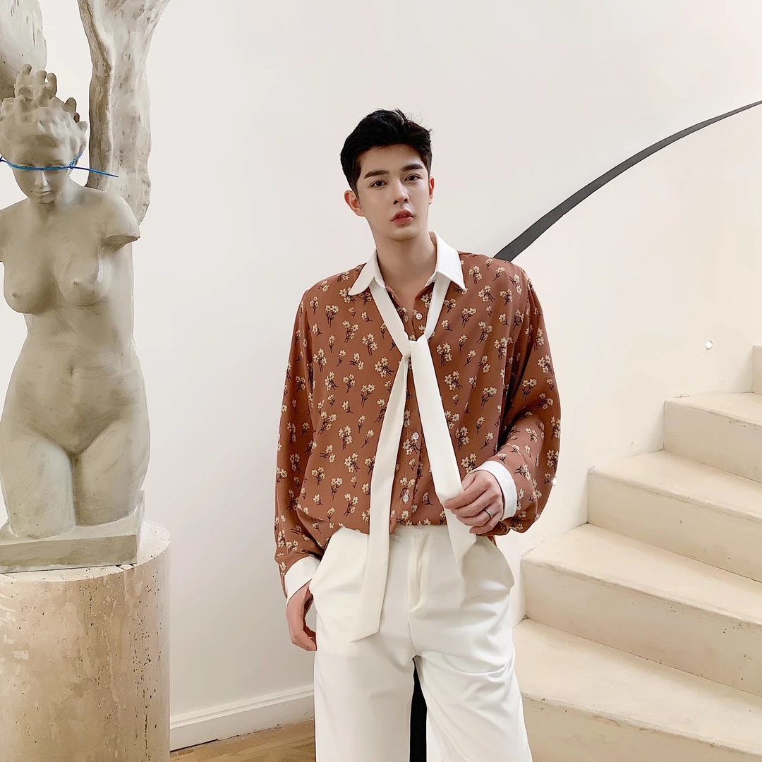 高级感小众小清新碎花衬衫男长袖韩版垂感撞色领带发型师打底衬衣