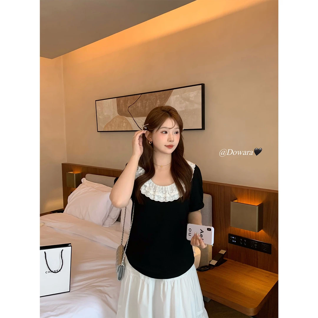 现货7960D大婉酱千千微胖定制夏季花边领撞色短袖T恤修身显瘦上衣