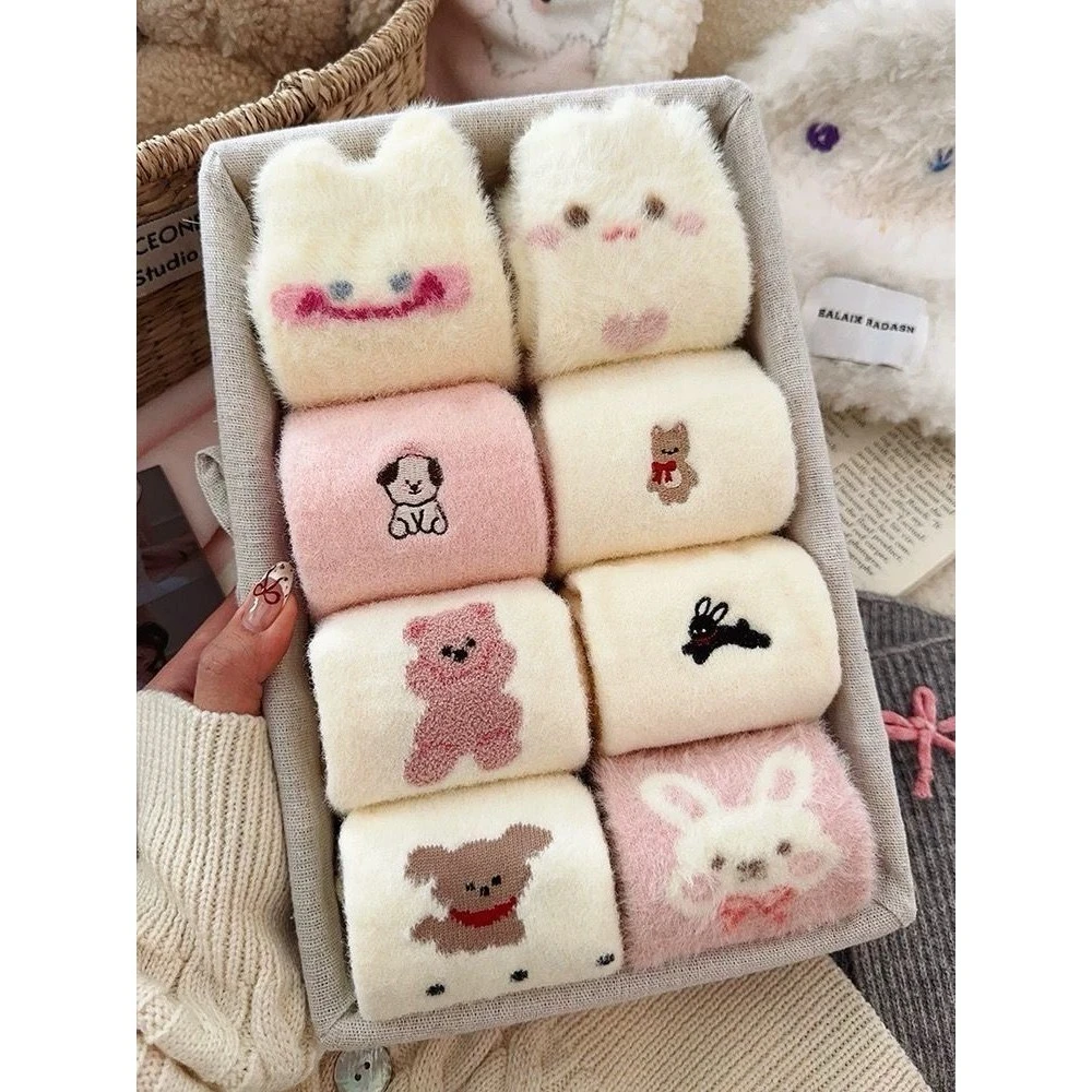 秋冬水貂绒袜子女中筒袜可爱卡通加绒加厚保暖毛绒月子睡眠袜ccc