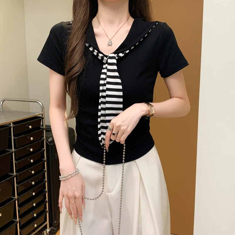 条纹飘带海军领短袖T恤女2025夏季新款今年流行正肩修身显瘦上衣