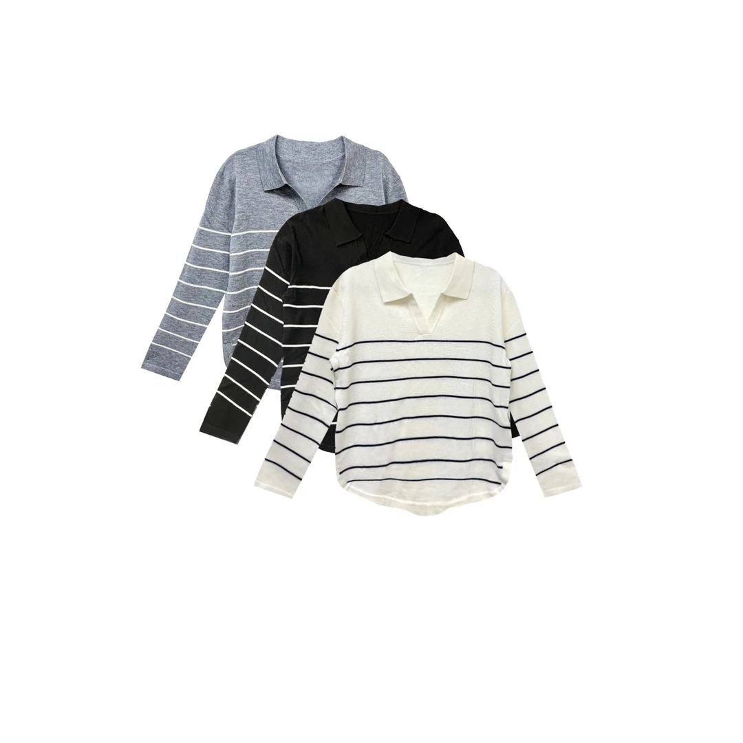 【橙庐】503239绵羊毛混纺条纹长袖针织T恤 春秋女款休闲通勤可机洗