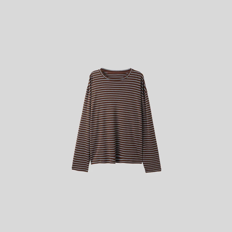 2025早秋新款休闲百搭松弛感显瘦宽松条纹圆领长袖针织T恤上衣女