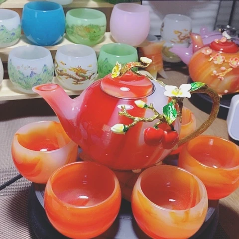 琉璃中式珐琅彩事事如意一壶六杯礼盒套装