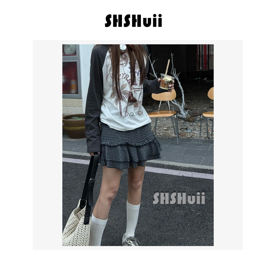 SSHuii【星漾】设计感复古复古格子荷叶边短裙半身裙