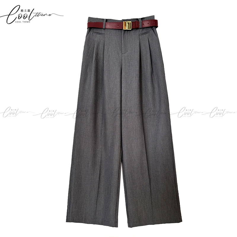 KUZHUTI拉腿神器丨垂感莱赛尔羊毛阔腿裤廓形灰色西装裤2025春季