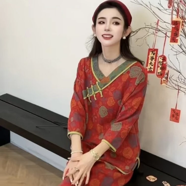 春秋季新款喜庆结婚新婚本命年大红色复古时尚V领盘扣家居服套装