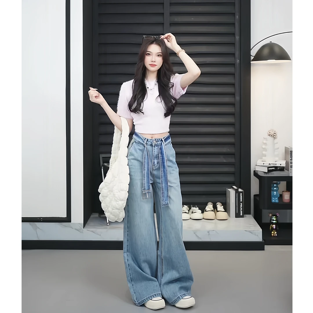 【TO&HR】TME9123C-水洗蓝阔腿牛仔裤腰头可拆卸腰带个性百搭早春款