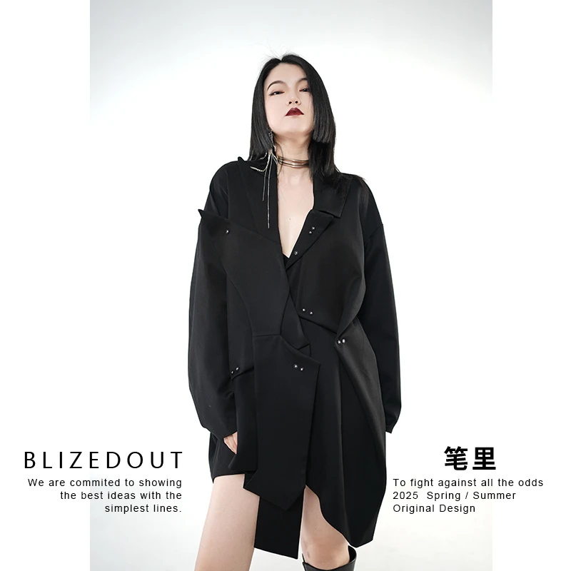 笔里【BLIZEDOUT】原创设计5092703黑色不对称堆叠不规则西装外套