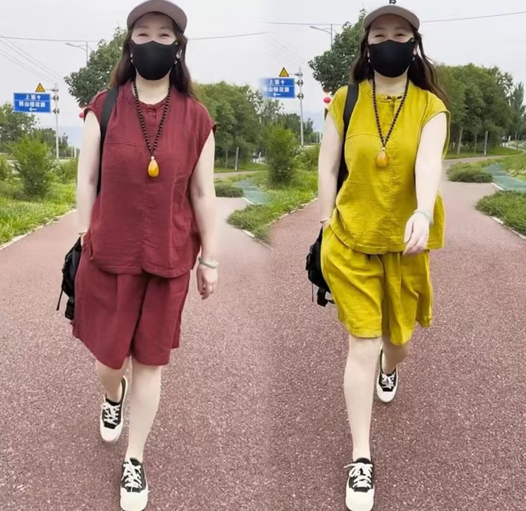 时尚套装2025夏季新款洋气减龄双沙盘扣短袖上衣宽松五分裤两件套