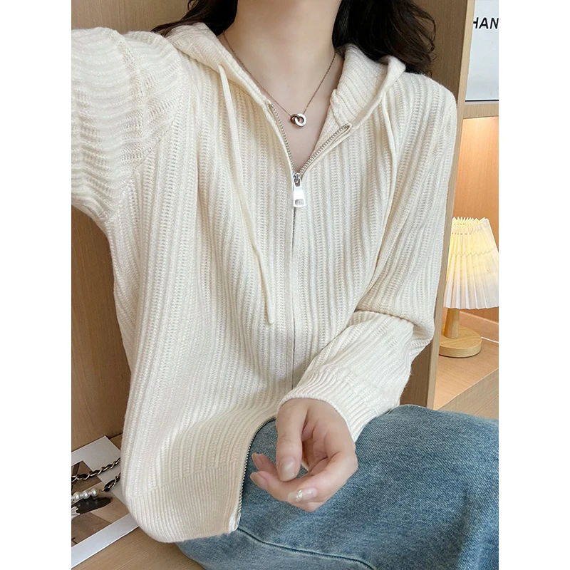 新款秋冬连帽双头拉链针织开衫女