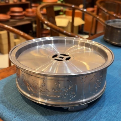 @***@茶壶紫砂潮州银头锡圆款锡茶船雕刻8寸大20cm