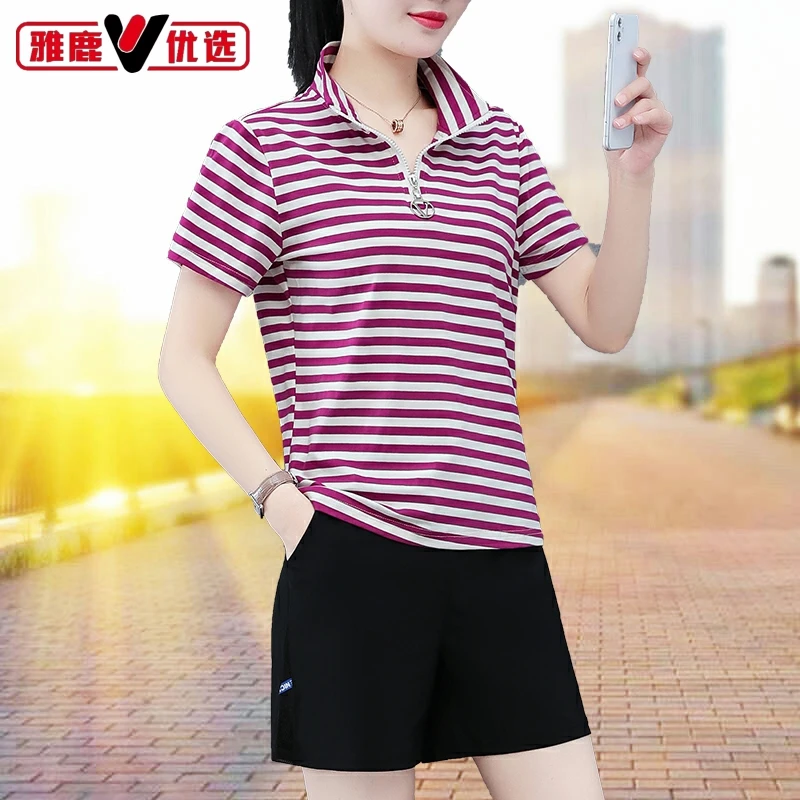 雅鹿优选运动套装女夏季2025新款翻领短袖五分裤薄款休闲服两件套