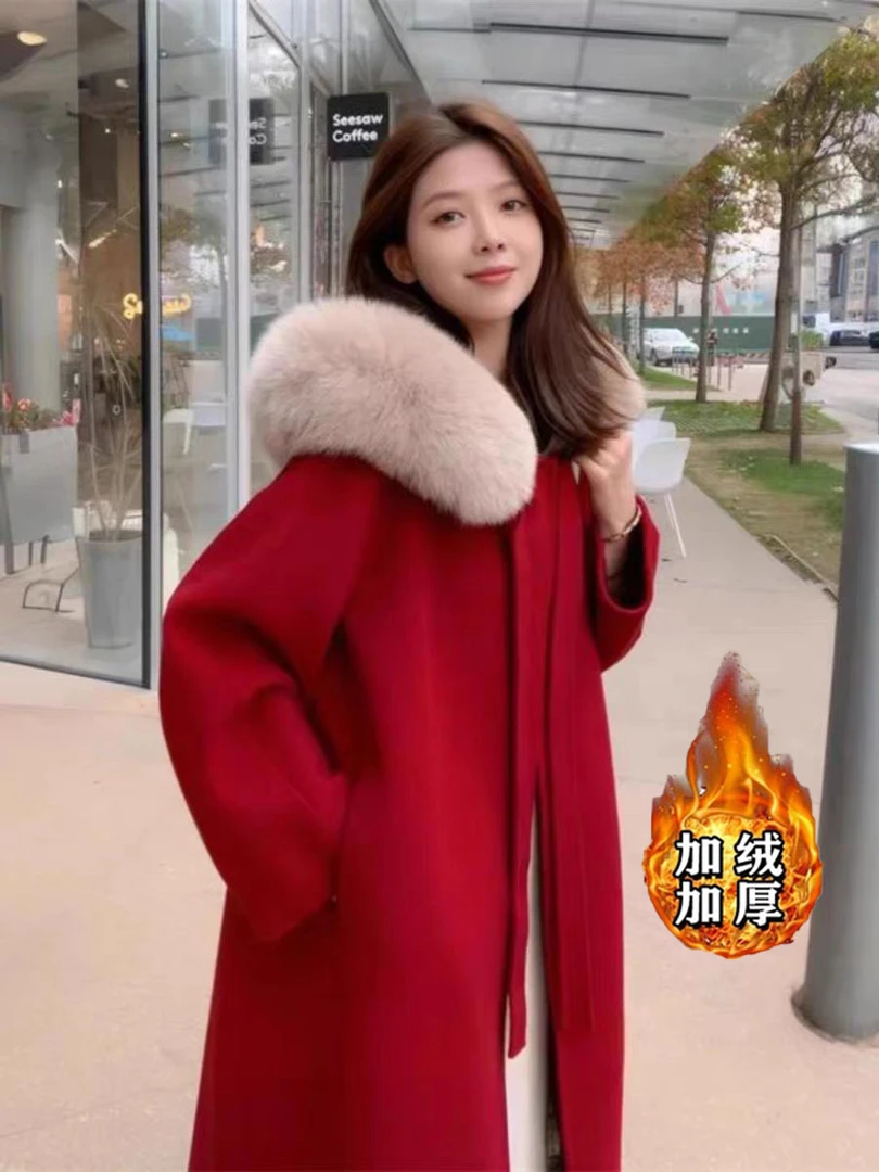 毛呢外套女加厚大毛领连帽红色长款呢子大衣2024冬季新款1680