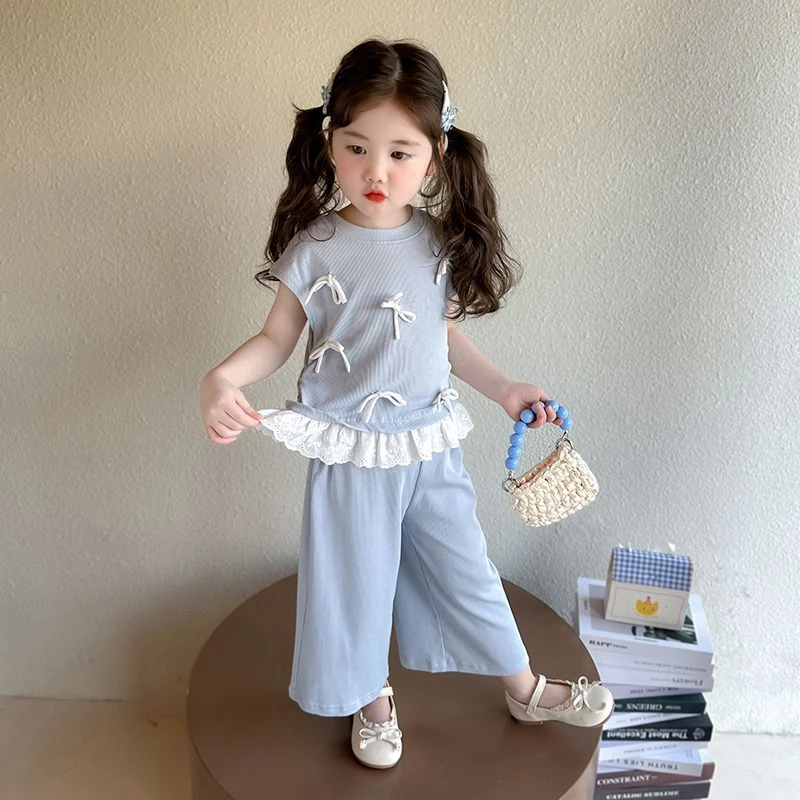 女童夏季套装2025新款儿童洋气短袖防蚊裤宝宝韩版阔腿裤两件套潮