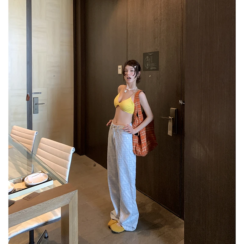 【海盐小香】浅色阔腿牛仔裤女夏高腰垂感拖地长裤4143