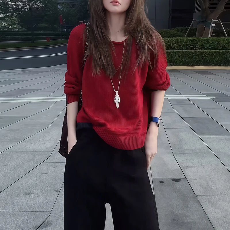 秋冬新款时尚圆领套头针织衫女遮肚宽松打底小衫时尚休闲百搭上衣