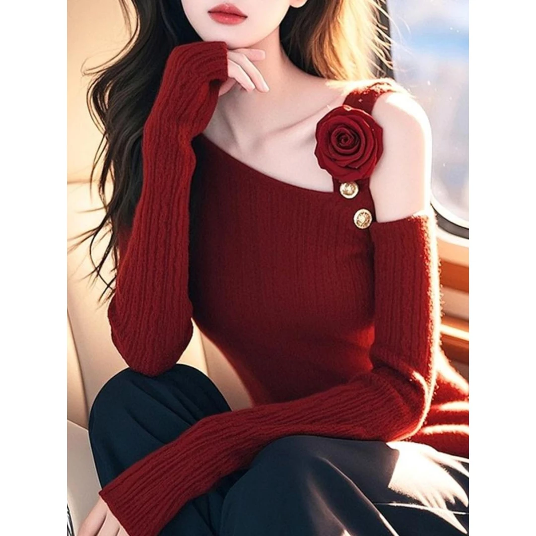 今年爆款不撞款立体玫瑰毛衣女2025冬季超好看内搭打底露肩针织衫