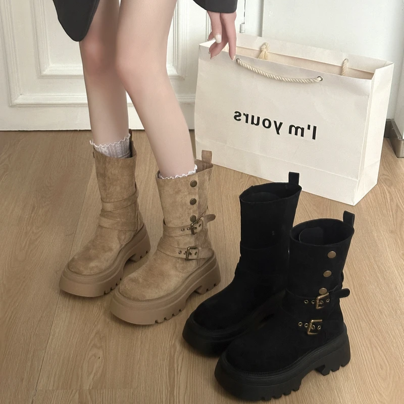 厚底百搭短筒骑士靴女2025秋冬网红英伦风机车靴皮带扣中筒马丁靴