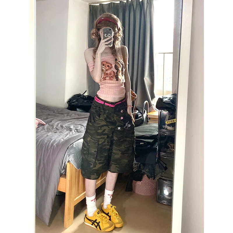【免费试穿】美式复古迷彩工装裤女夏季阔腿七分裤宽松百搭牛仔中裤