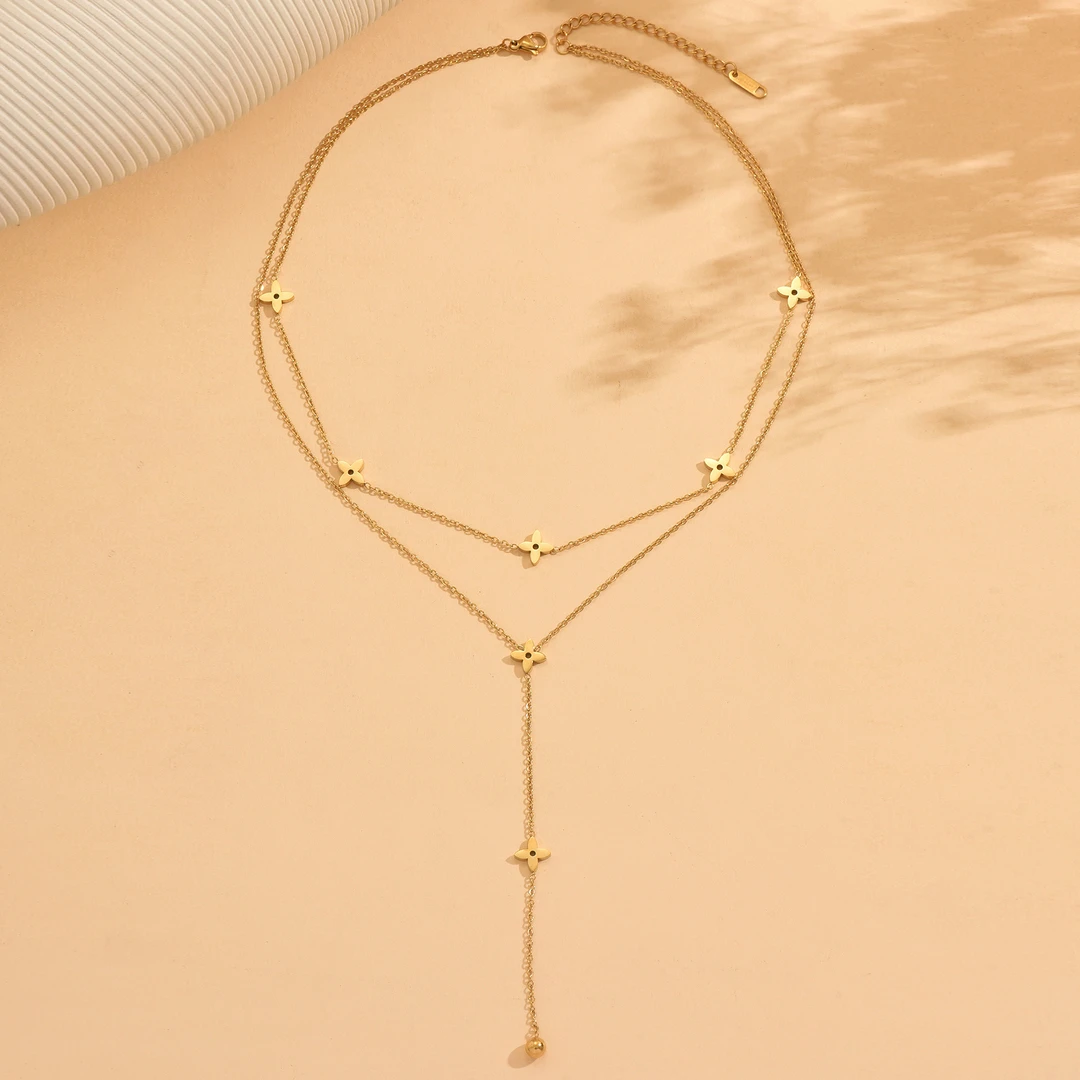 钛钢项链 钛钢项链双层流苏十字花链