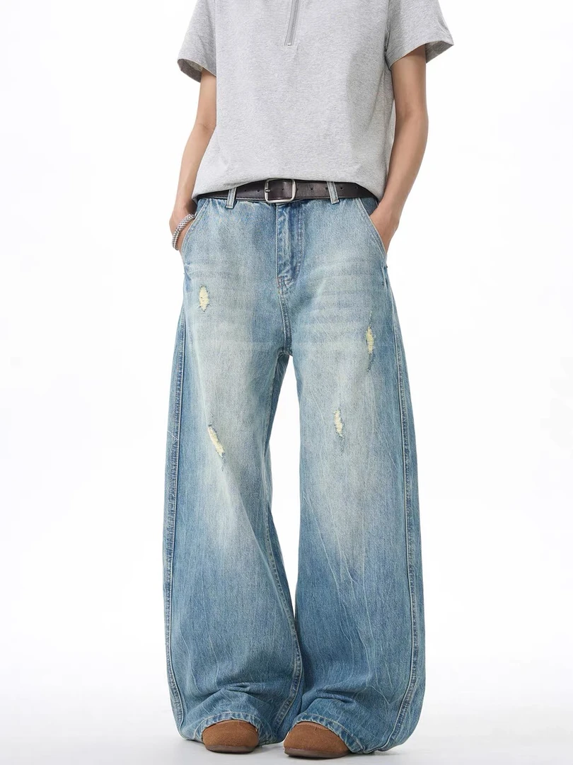 美式复古裂纹破洞水洗牛仔裤男女宽松阔腿vintage直筒百搭裤子