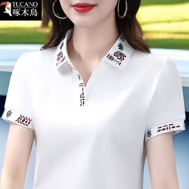 啄木鸟2025年新款刺绣短袖T恤女大码显瘦夏季POLO领小众韩版上衣