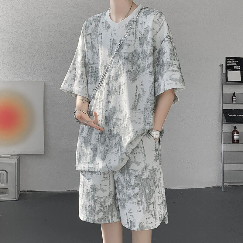 夏季大码运动酷帅穿搭套装男美式扎染冰丝短袖运动薄款速干五分裤