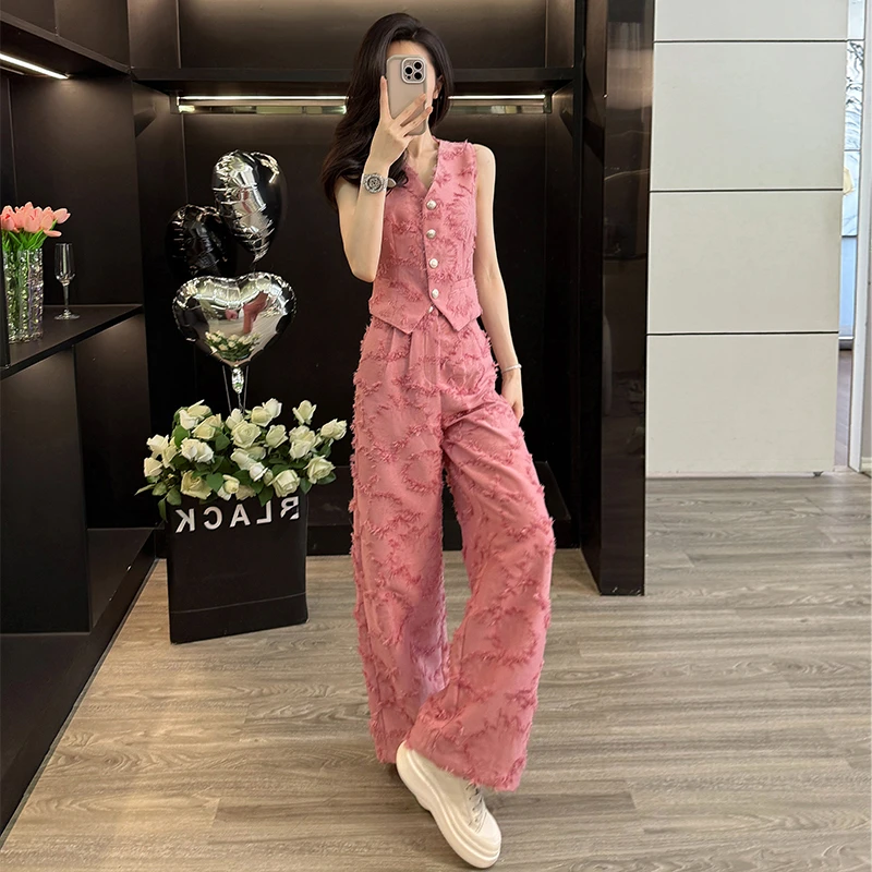 2025夏季休闲风套装阔腿裤气质无袖马甲宽松直筒裤气质穿搭两件套