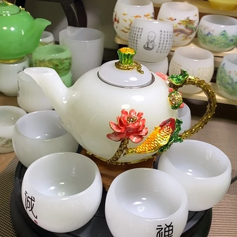 琉璃中式珐琅彩年年有余一壶六杯礼盒套装