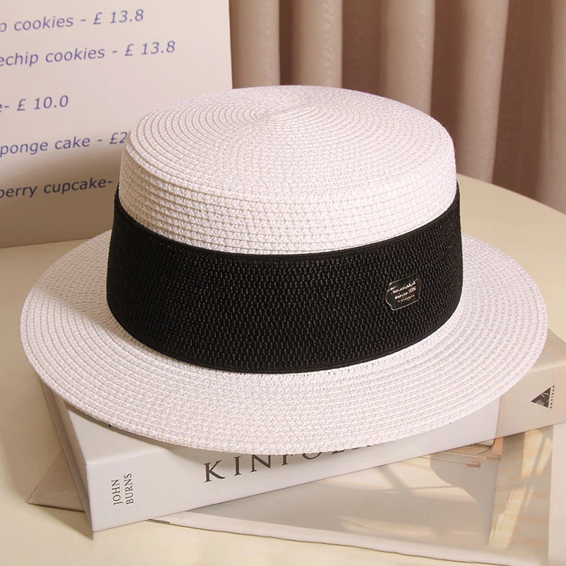 网红小清新防晒遮阳平顶草帽女夏季韩版百搭复古英伦白色小礼帽潮