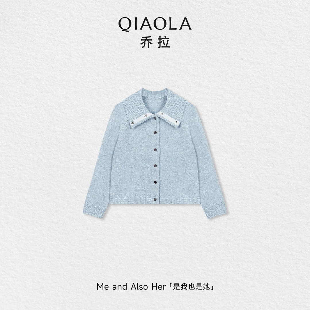 QIAOLA/乔拉【冬雪来信】秋冬羊毛糯米绒针织翻领纽扣开衫外套
