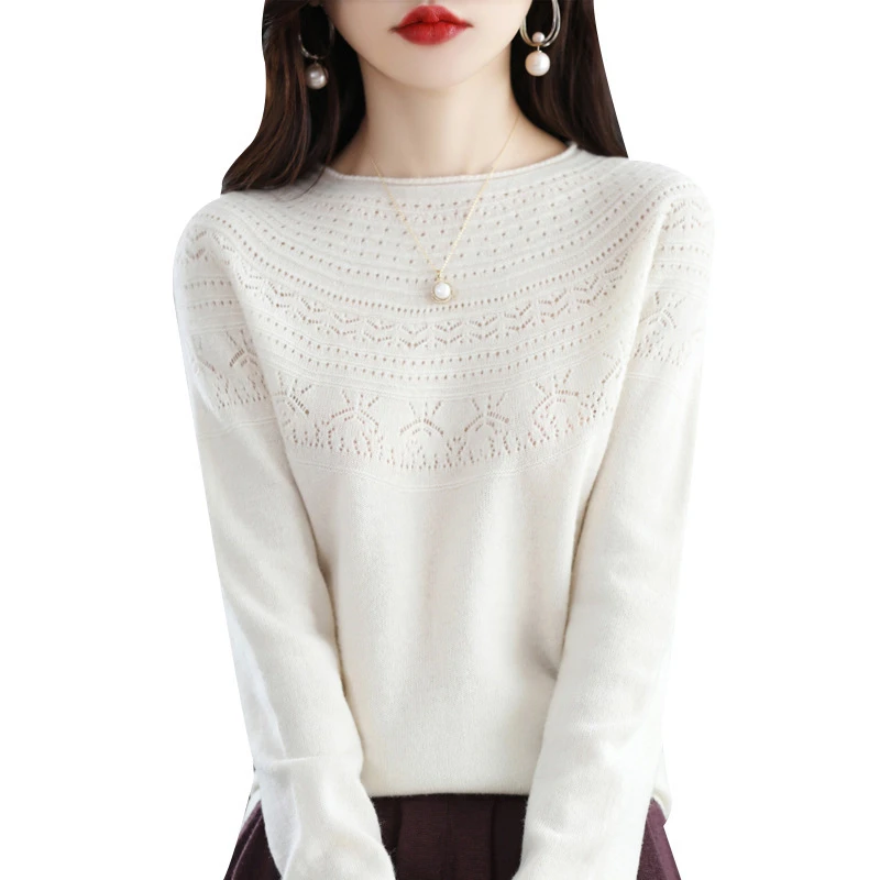 成衣宽松针织衫纯色上衣内搭毛衣套头长袖镂空100%打底一线羊毛
